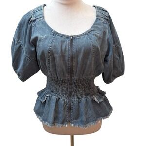 Mustard Seed Smocked Denim Peplum Top Puff Sleeve Frayed‎ Zip Front Womens M